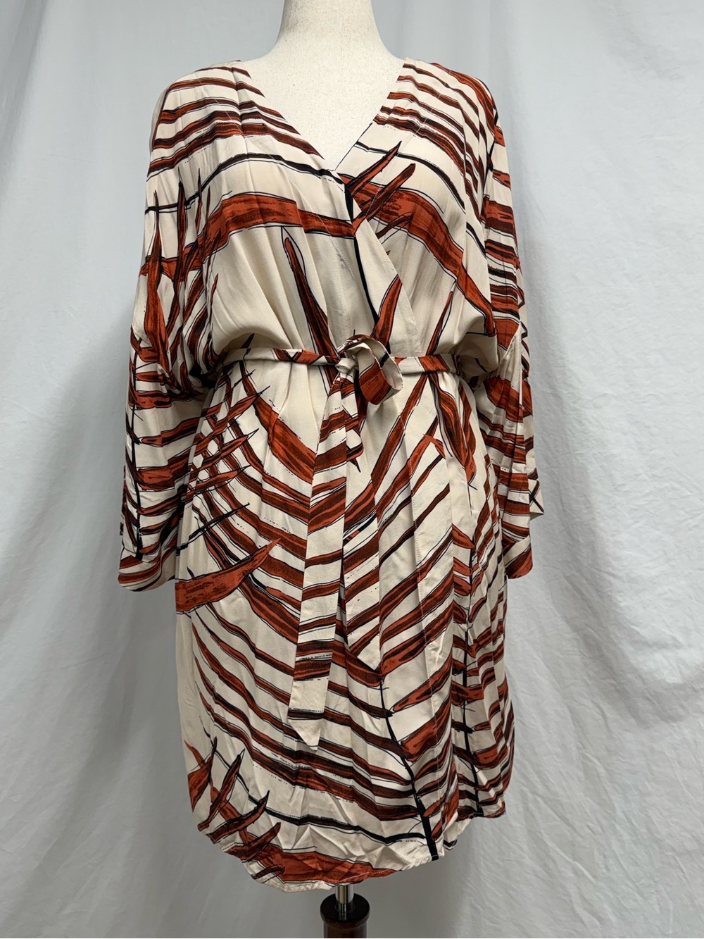 Ulla Popken Women's Rust and Cream Botanical Print Belted Kimono Jacket